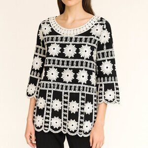Anthropology Kindred Elegant Blouse Embroidered Scalloped Hem Black White